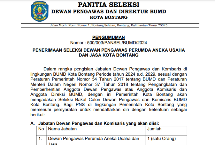 Ini Kriteria dan Syarat Pendaftaran Seleksi Dewan Pengawas Perumda AUJ Bontang