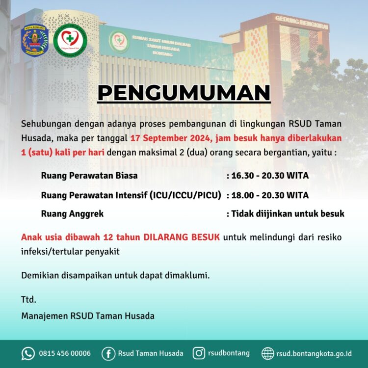 Mulai 17 Sep RSUD Taman Husada Berlakukan Pembatasan Jam Besuk, Satu Kali Sehari
