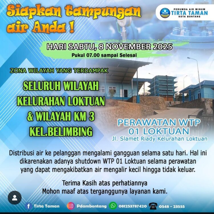 Siap-siap Tampung Air, Sabtu PDAM Lakukan Perawatan WTP Lok Tuan