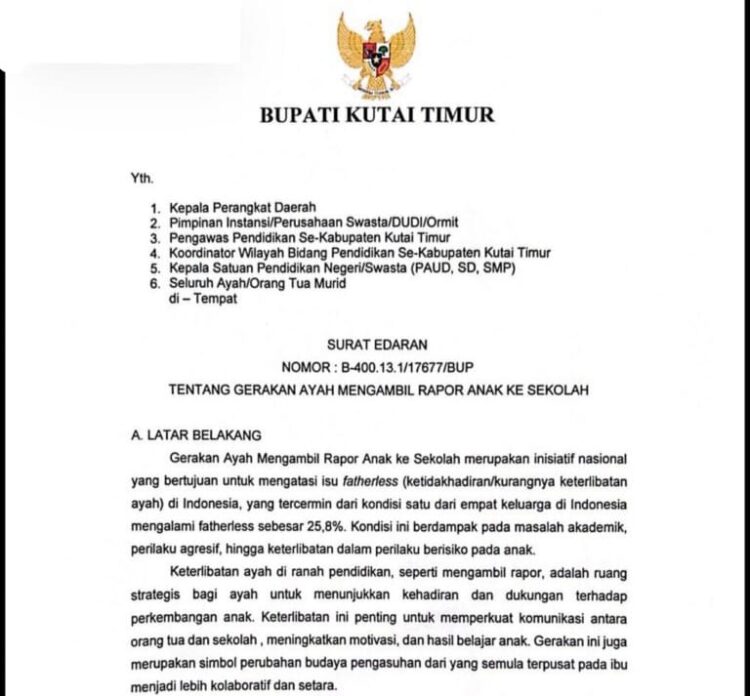 Dorong Peran Ayah, Edaran Bupati Kutim: Ayah Wajib Ambilin Rapor Jenjang PAUD hingga SMP