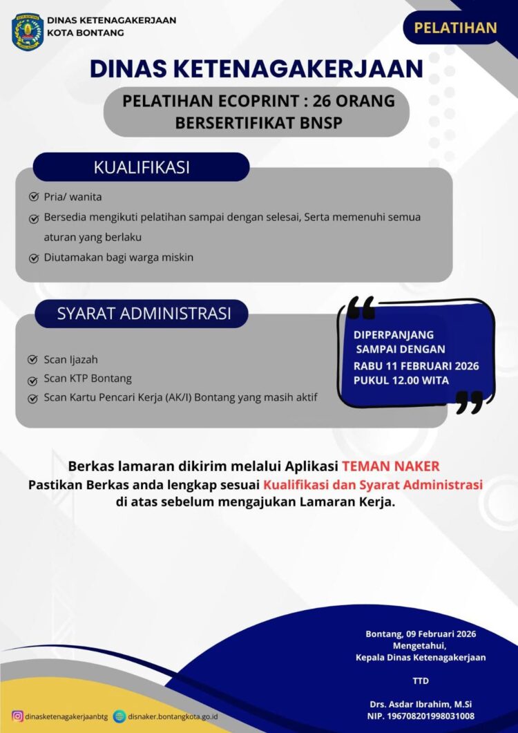 Pendaftaran Diperpanjang, Disnaker Bontang Masih Buka Kesempatan Pelatihan Ecoprint