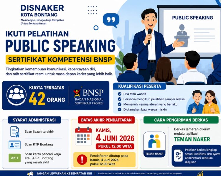 Disnaker Buka Pelatihan Public Speaking Bersertifikat BNSP, Kuota 42 Peserta